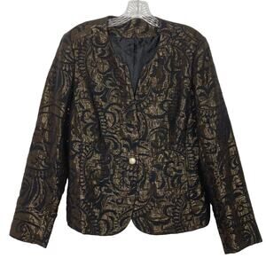 NWOT COVINGTON Blazer ~L Gold Shiny Black Geo Print Textured Pearl Button